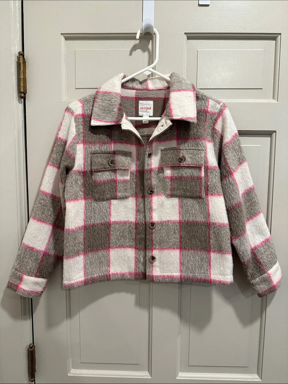 Cat & Jack Cream, Gray & Pink Cropped Plaid Shacket Jacket Size XL(14)